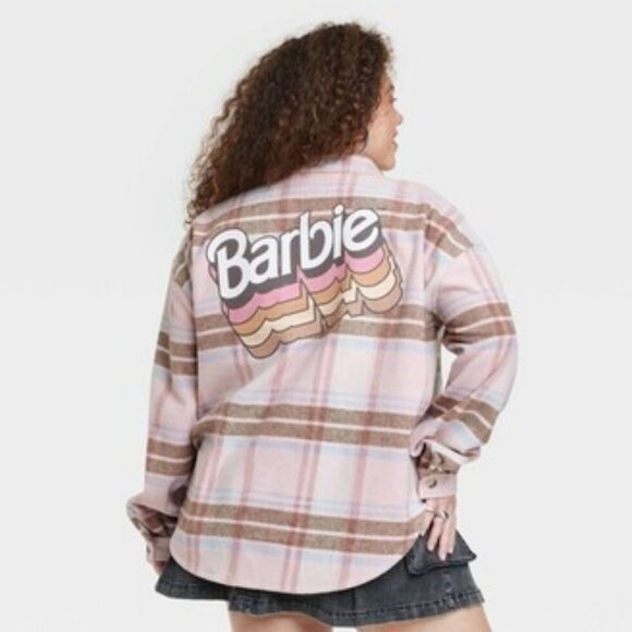 NEW! Barbie Graphic Shacket (Shirt & Jacket) - Pink Plaid - Women's Plus Size - Picture 10 of 11